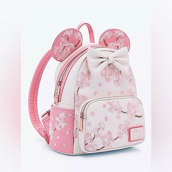 New LOUNGEFLY Disney Japan Minnie Mouse Pink & White CHERRY BLOSSOM Backpack Bag - Picture 2 of 7